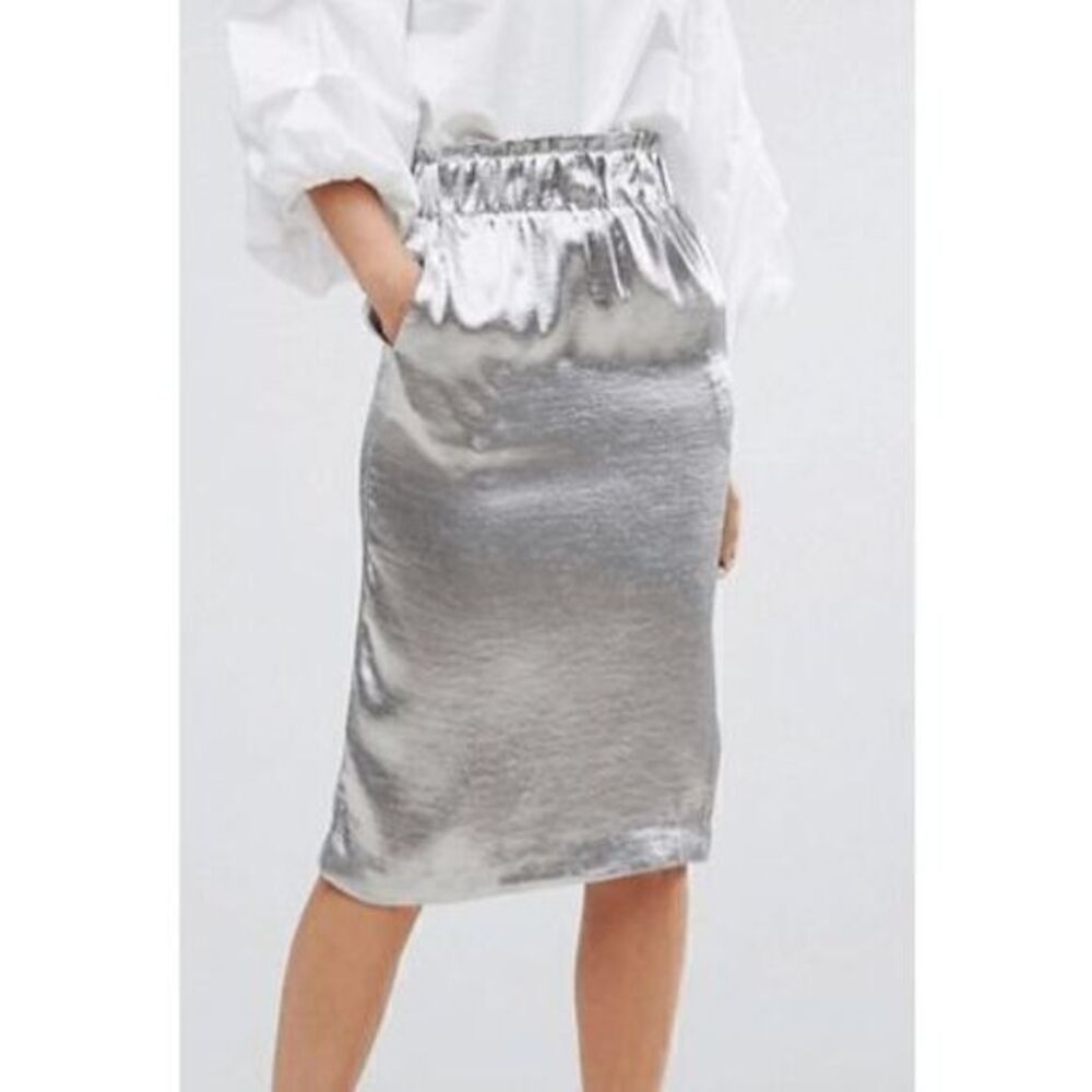 Lost Ink ASOS Womens Silver Metallic Stretch Cinched Midi Skirt Size XS
